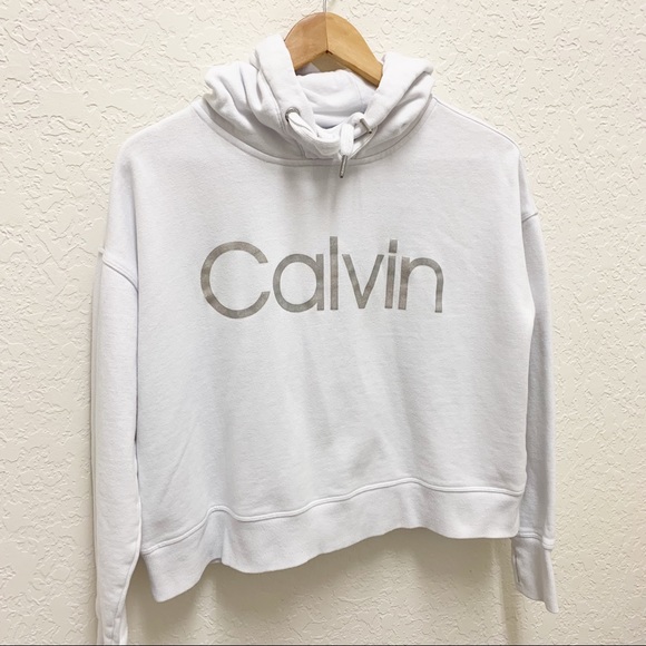 Calvin Klein Cropped White Hoodie Sweatshirt Sz S w/ Thumbholes - Picture 5 of 8